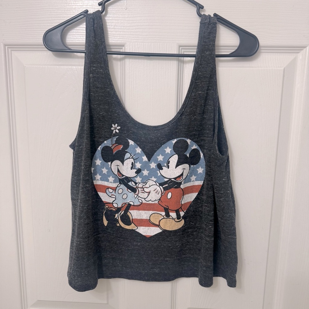 Disney Mickey & Minnie Mouse American Flag Heart Crop Gray Tank Top Women Size L